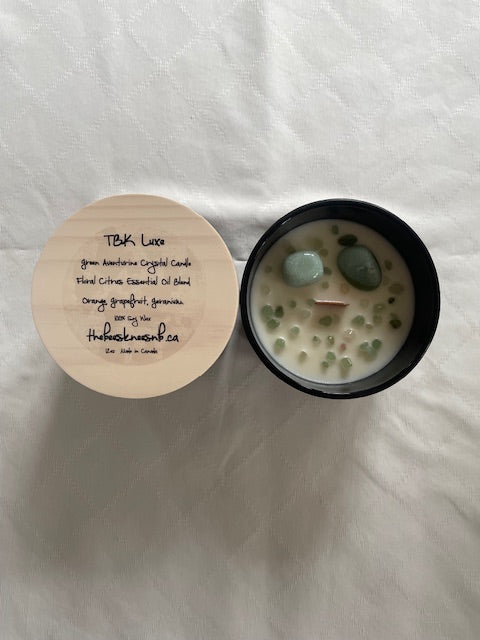 TBK LUXE Collection Floral Citrus Essential Oil Green Aventurine Semi Precious Stone Candle